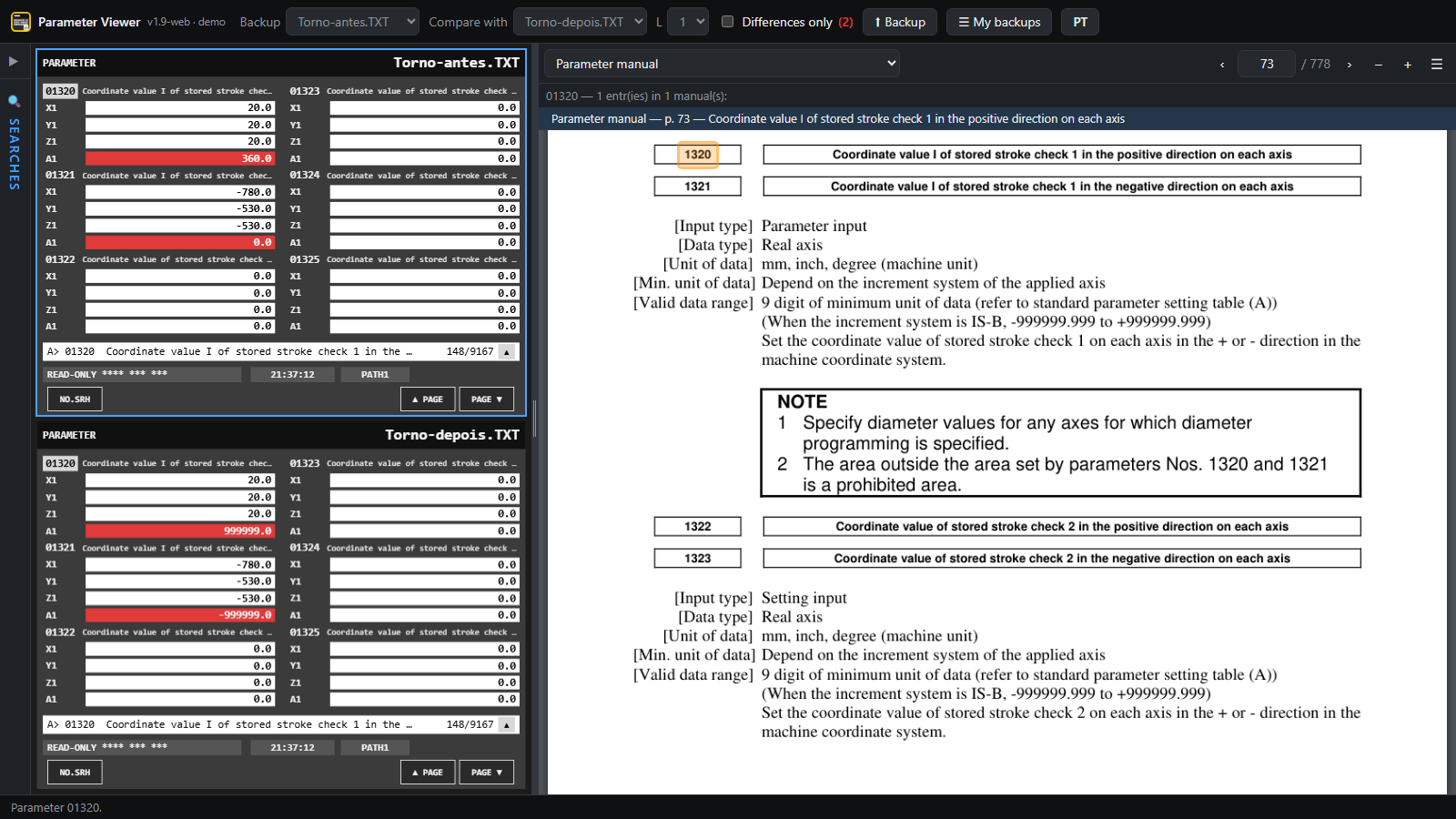 Two backups side by side with the differences in red and the manual open at the selected parameter