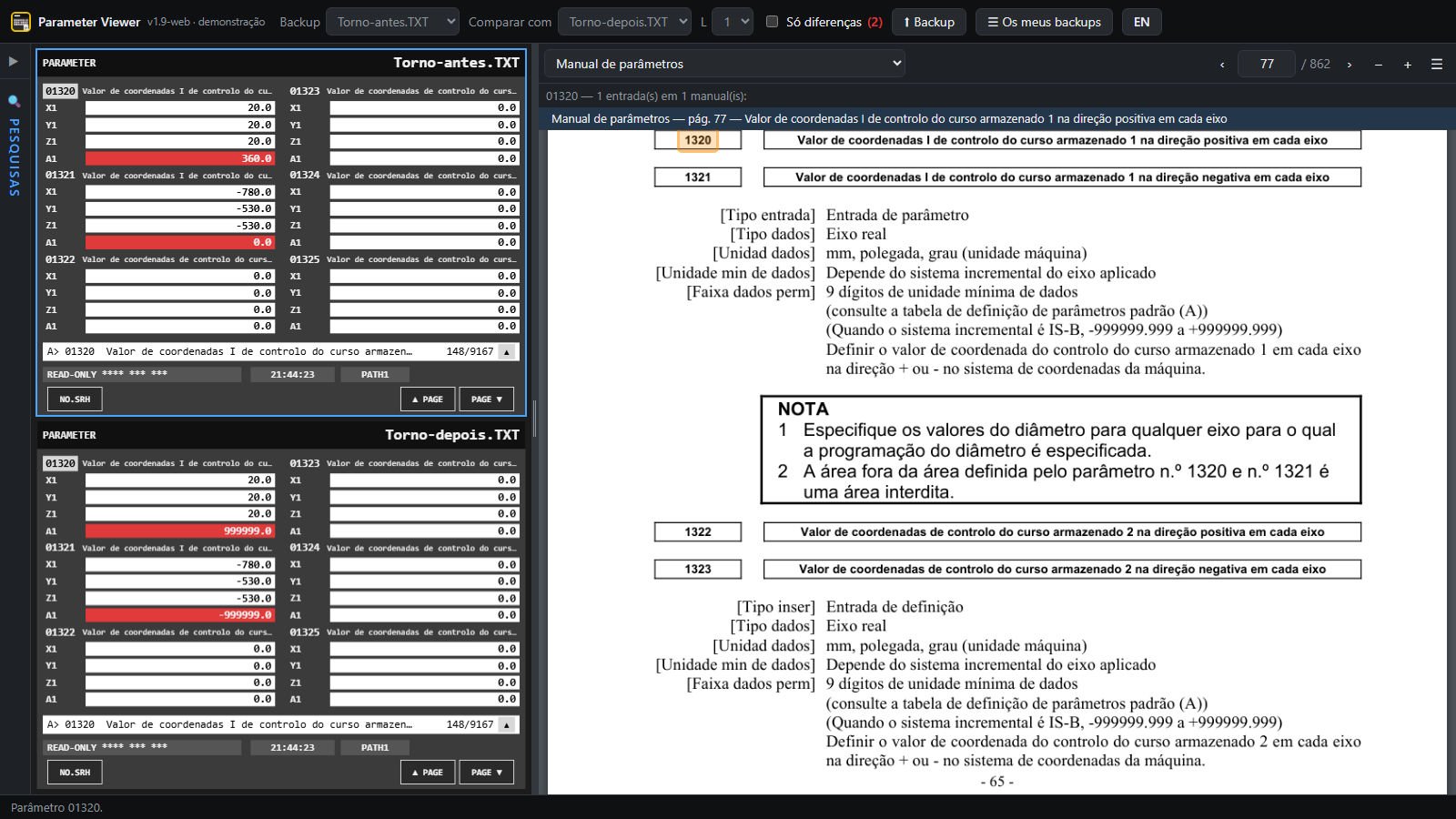 Dois backups lado a lado com as diferenças a vermelho e o manual aberto no parâmetro selecionado